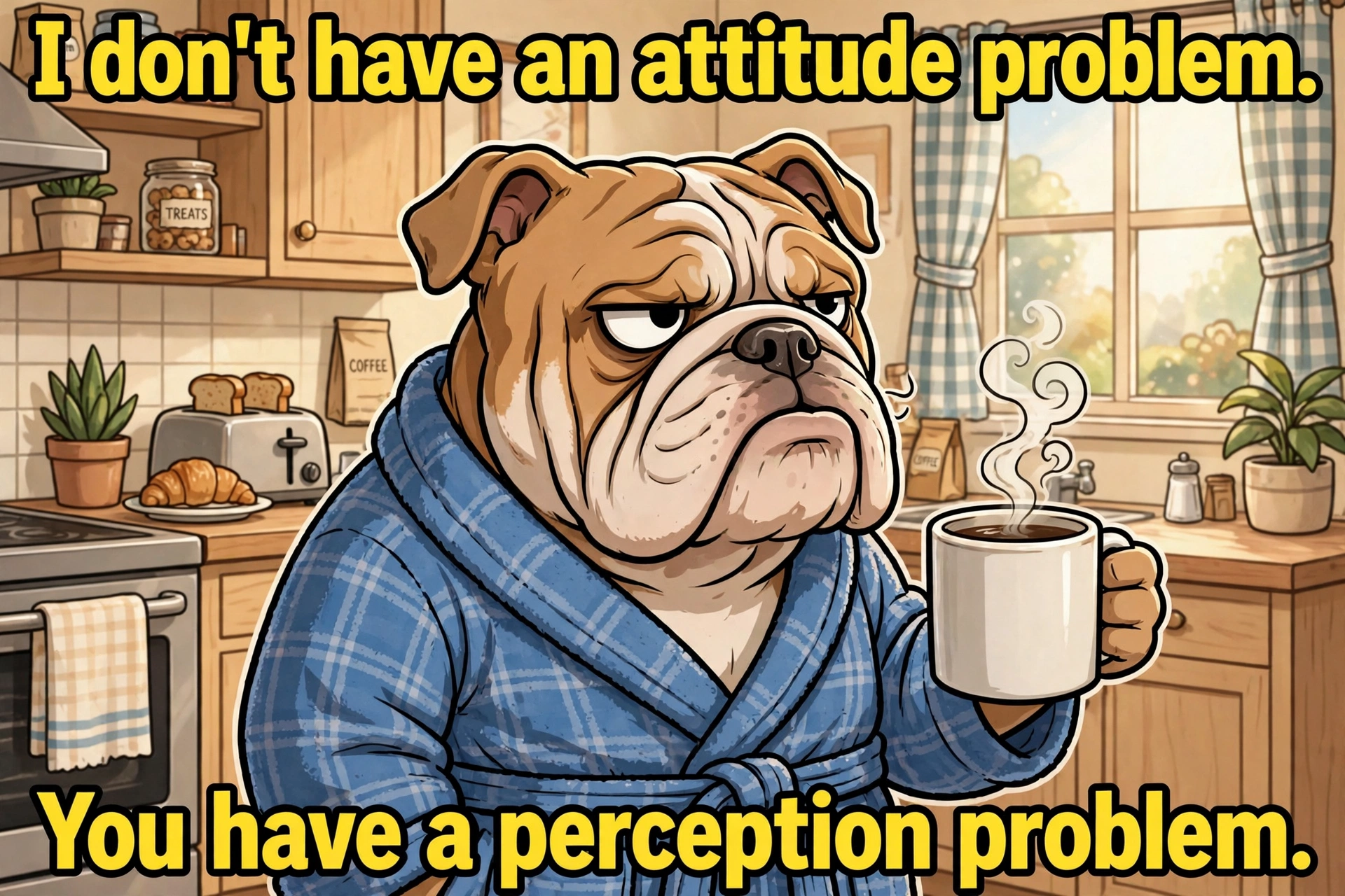 Grumpy bulldog in a bathrobe