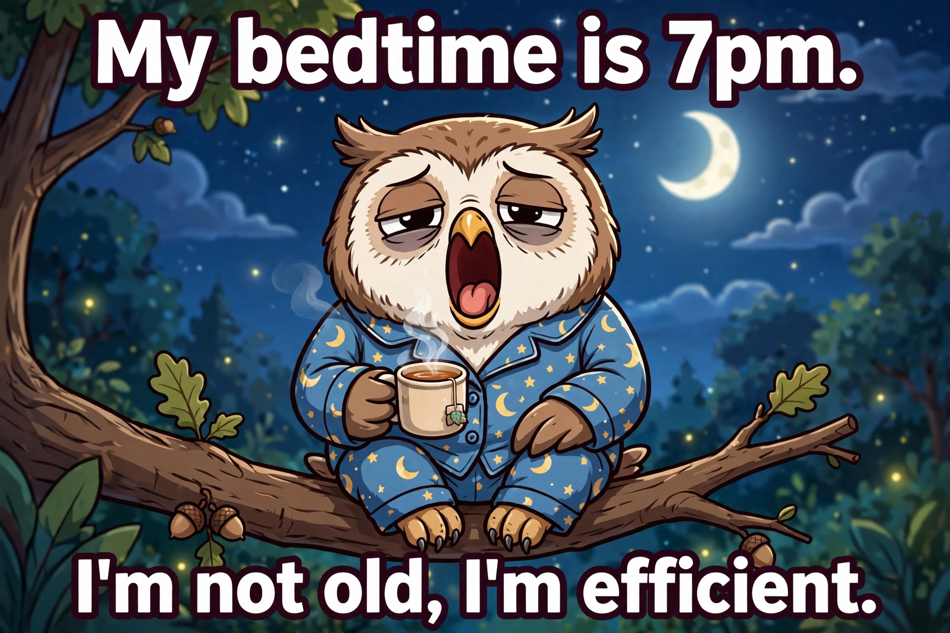 Tired owl in pajamas