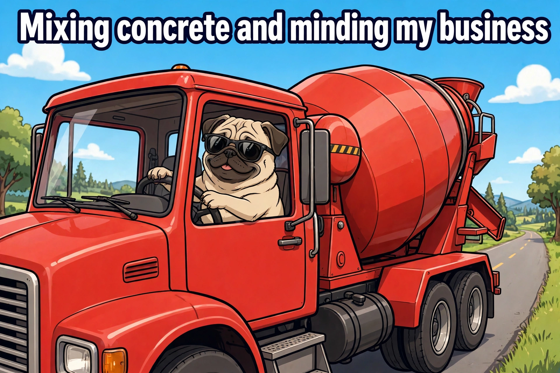 Pug driving a concrete mixer truck